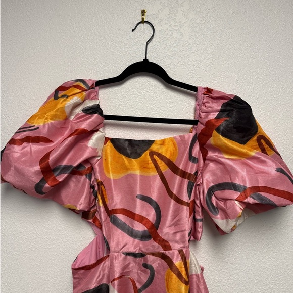 Aureta Studio Pink Abstract Puff Sleeve Cutout Midi Dress NWT Size S Anthro - Picture 4 of 12